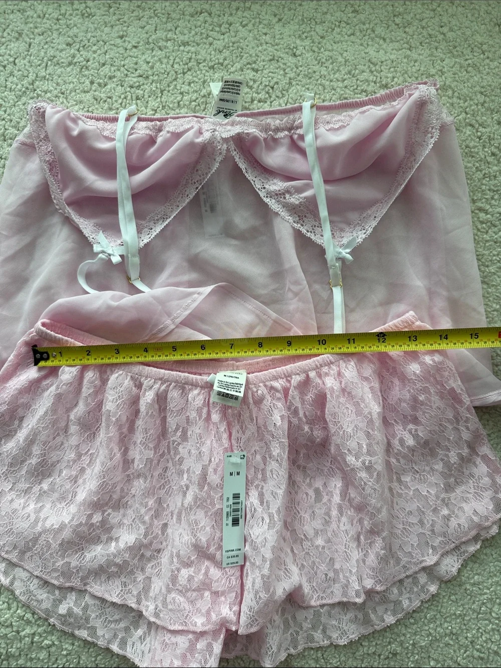 PINK Victoria's Secret Light Pink Lace-Trim Camisole & Shorts Set Size M